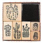 6 tampons en bois avec encreur cactus