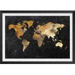 Affiche carte du monde dore avec cadre noir 60x40 cm
