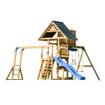 Aire de jeux avec double balançoire, toboggan bleu, trapèze Aire de jeux avec double balançoire, toboggan bleu, trapèze