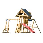 Aire de jeux avec double balançoire, toboggan rouge, trapèze Aire de jeux avec double balançoire, toboggan rouge, trapèze