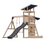 Aire de jeux toboggan, balanoire & mur de jeux, bois fsc, gris