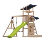Aire de jeux toboggan, balanoire & mur de jeux, bois fsc, jaune