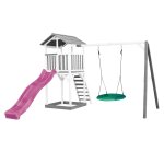 Aire de jeux toboggan lila, balanoire nid d'oiseau, bois, blanc / gris