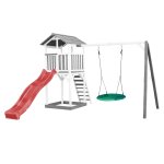 Aire de jeux toboggan rouge, balanoire nid d'oiseau, bois, blanc / gris