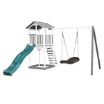 Aire de jeux toboggan vert, balanoire nid d'oiseau, bois, blanc / gris