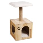 Arbre  chat en bois de chne et bouclettes blanches