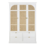 Armoire 3 portes battantes 4 tiroirs blanc et cannage en rotin l140