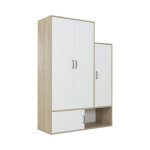 Armoire 4 portes effet bois clair et blanc