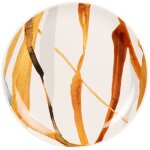 Assiette plate en cramique blanche motifs jaunes, marron, verts