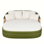 Bain de soleil double pour htel en rsine recycle tresse verte et beige et cousins en polyester recycl ...