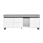 Banc  chaussures effet bois blanc avec 1 coussin, 2 tiroirs, 2 portes