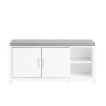 Banc à chaussures effet bois blanc avec coussin rembourré et 2 portes Banc à chaussures effet bois blanc avec coussin rembourré et 2 portes