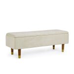 Banc coffre 2 places en velours et piétement en bois beige Banc coffre 2 places en velours et piétement en bois beige