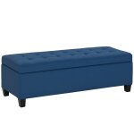 Banc de rangement siège capitonné tissu aspect lin pieds en bois bleu Banc de rangement siège capitonné tissu aspect lin pieds en bois bleu