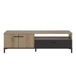 Banc tv effet bois chêne 2 portes 1 tiroir long 160cm poignées noires Banc tv effet bois chêne 2 portes 1 tiroir long 160cm poignées noires