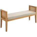 Banquette bout de lit style bohème - coussin beige cannage rotin bois Banquette bout de lit style bohème - coussin beige cannage rotin bois