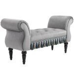 Banquette capitonne design accoudoirs courbs pompons velours gris