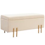 Banquette coffre de rangement velours beige piètement métal doré Banquette coffre de rangement velours beige piètement métal doré