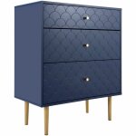 Bibliothque basse 3 tiroirs bleu marine avec motif sculpt