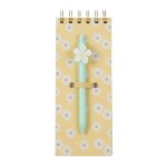Bloc - notes jaune motifs fleurs bleues et blanches et stylo