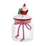 Bocal en verre transparent et couvercle pre nol en grs rouge, blanc et vert