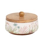 Bote dco ronde motif vgtal blanc, vert et rose et couvercle en bois de manguier