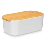Bote  pain en plastique blanc et bambou 18. 5x33x12cm