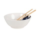 Bol � ramen en c�ramique blanche, bleue et baguettes en bambou