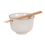 Bol à riz en céramique beige et baguettes en bois de hêtre Bol à riz en céramique beige et baguettes en bois de hêtre