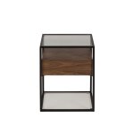 Bout de canap� en m�tal verre et plaquage noyer 1 tiroir