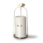 Brle parfum en mtal cage  oiseau dor et cramique blanc - h21 cm
