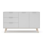 Buffet 2 portes, 3 tiroirs blanc et pin massif - l140 cm