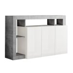 Buffet 3 portes blanc laqué encadrement niches finition aspect ciment Buffet 3 portes blanc laqué encadrement niches finition aspect ciment