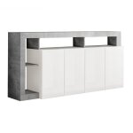 Buffet 4 portes blanc laqué encadrement niches aspect cimento Buffet 4 portes blanc laqué encadrement niches aspect cimento