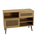 Buffet bas marron 3 niches 2 portes effet cannage pieds métal noir Buffet bas marron 3 niches 2 portes effet cannage pieds métal noir