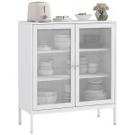 Buffet bas sur pied 2 portes grillages 2 tagres acier bois blanc