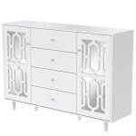 Buffet blanc design 4 tiroirs 2 portes miroir motif géométrique Buffet blanc design 4 tiroirs 2 portes miroir motif géométrique