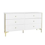 Buffet commode 6 tiroirs blanc, poignet et pieds dors 140x35x76cm