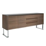 Buffet effet bois noyer et plateau en verre noir Buffet effet bois noyer et plateau en verre noir