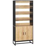 Buffet haut 2 portes total 5 �tag�res acier noir aspect bois clair