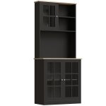 Buffet haut 3 portes vitrine verre 2 niches noir aspect chne clair