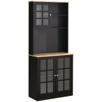 Buffet haut 3 portes vitrine verre 2 niches noir aspect chne clair
