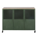 Buffet style industriel 3 portes en bois de sapin et métal vert à roulettes Buffet style industriel 3 portes en bois de sapin et métal vert à roulettes