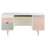 Bureau 1 porte 4 tiroirs blanc, gris et rose Bureau 1 porte 4 tiroirs blanc, gris et rose