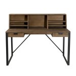 Bureau 2 tiroirs avec tagres en teck recycl et mtal noir