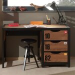 Bureau en pin massif avec 3 tiroirs, coloris bois fonc et noir