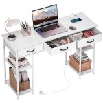 Bureau avec rangement prises de courant 3 tiroirs 4 tagres blanc