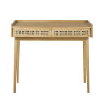 Bureau vintage 2 tiroirs en pin et cannage en rotin