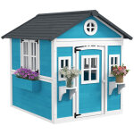 Cabane de jardin pour enfant avec porte fenêtres et jardinières bleu Cabane de jardin pour enfant avec porte fenêtres et jardinières bleu