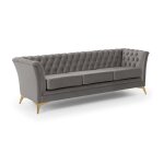 Canap� 3 places chesterfield en velours gris avec pieds dor�s